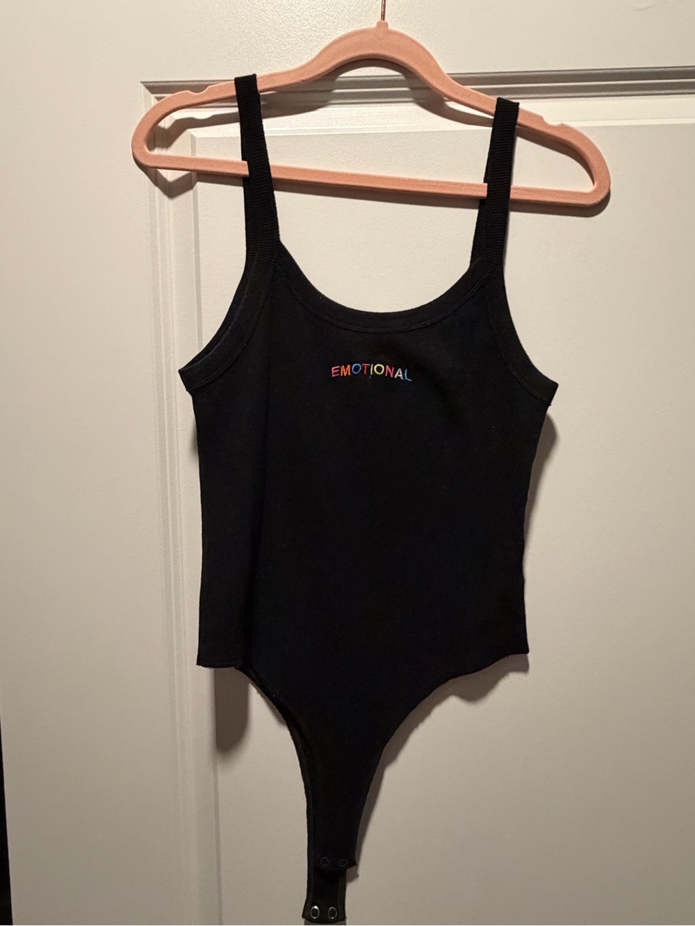 Forever 21 Black Bodysuit with Rainbow 'EMOTIONAL' Embroidery